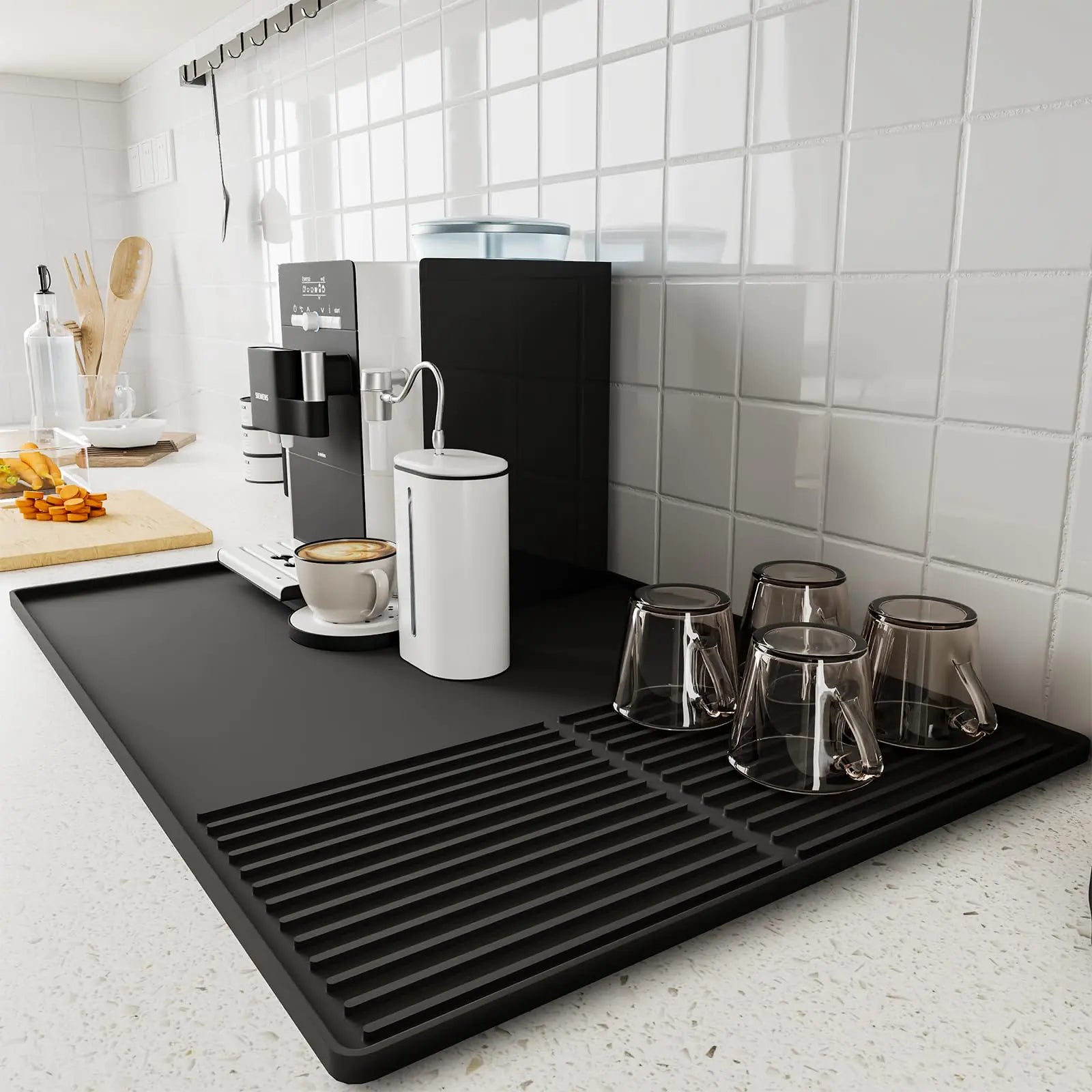 Silicone Coffee Mat with Raised Edges  24 x 16 Coffee Bar Mat for Countertops Coffee Bar Accessories Fit Under Coffee Maker Espresso Machine Dish Drying Mat (BLACK)