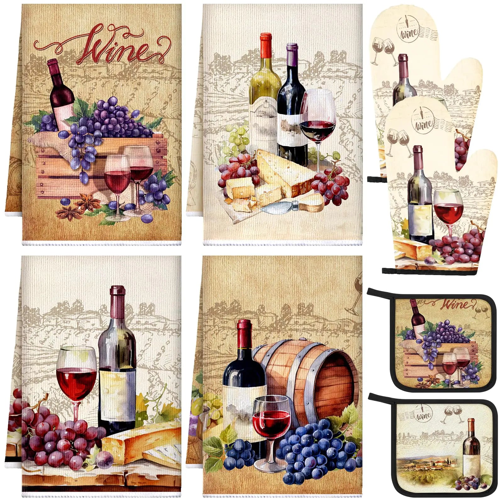 Bencailor 8 Pcs Kitchen Towel Pot Holders and Oven Mitts Set Red Wine Kitchen Decoration 4 Dish Towels 2 Farmhouse Oven Mitts 2 Potholders for Baking Grilling Supply Accessories (Retro Yellow)