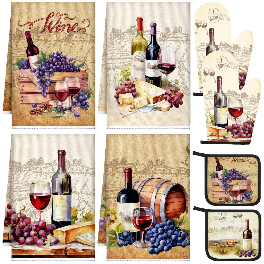 Bencailor 8 Pcs Kitchen Towel Pot Holders and Oven Mitts Set Red Wine Kitchen Decoration 4 Dish Towels 2 Farmhouse Oven Mitts 2 Potholders for Baking Grilling Supply Accessories (Retro Yellow)